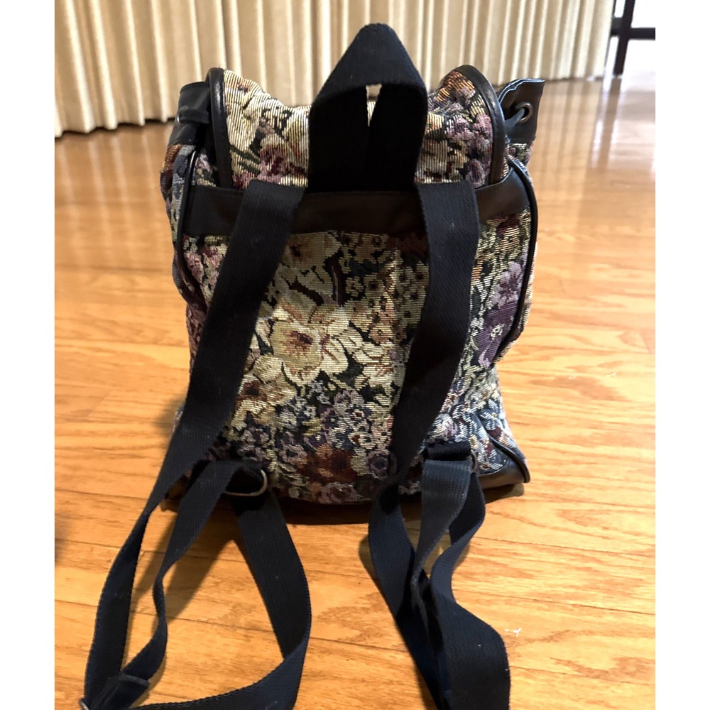 VTG 80s/90s New York Studios Floral Tapestry Backpack Black Leather Trim 10x12x5 - Picture 4 of 11